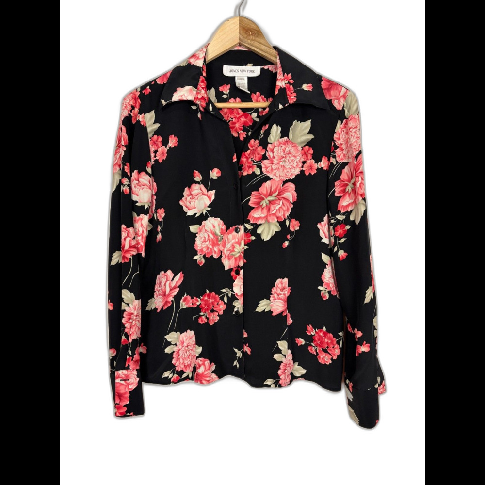 Vintage Jones New York Black Floral 100% Silk Top Button Front Women 10 Classic